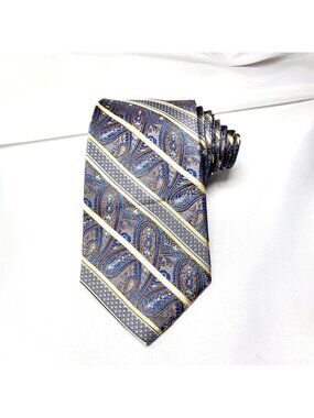 Pronto Uomo Paisley Mens Tie In Blue Brown & Gold Stripes 100% Silk 60.5"x3.25"